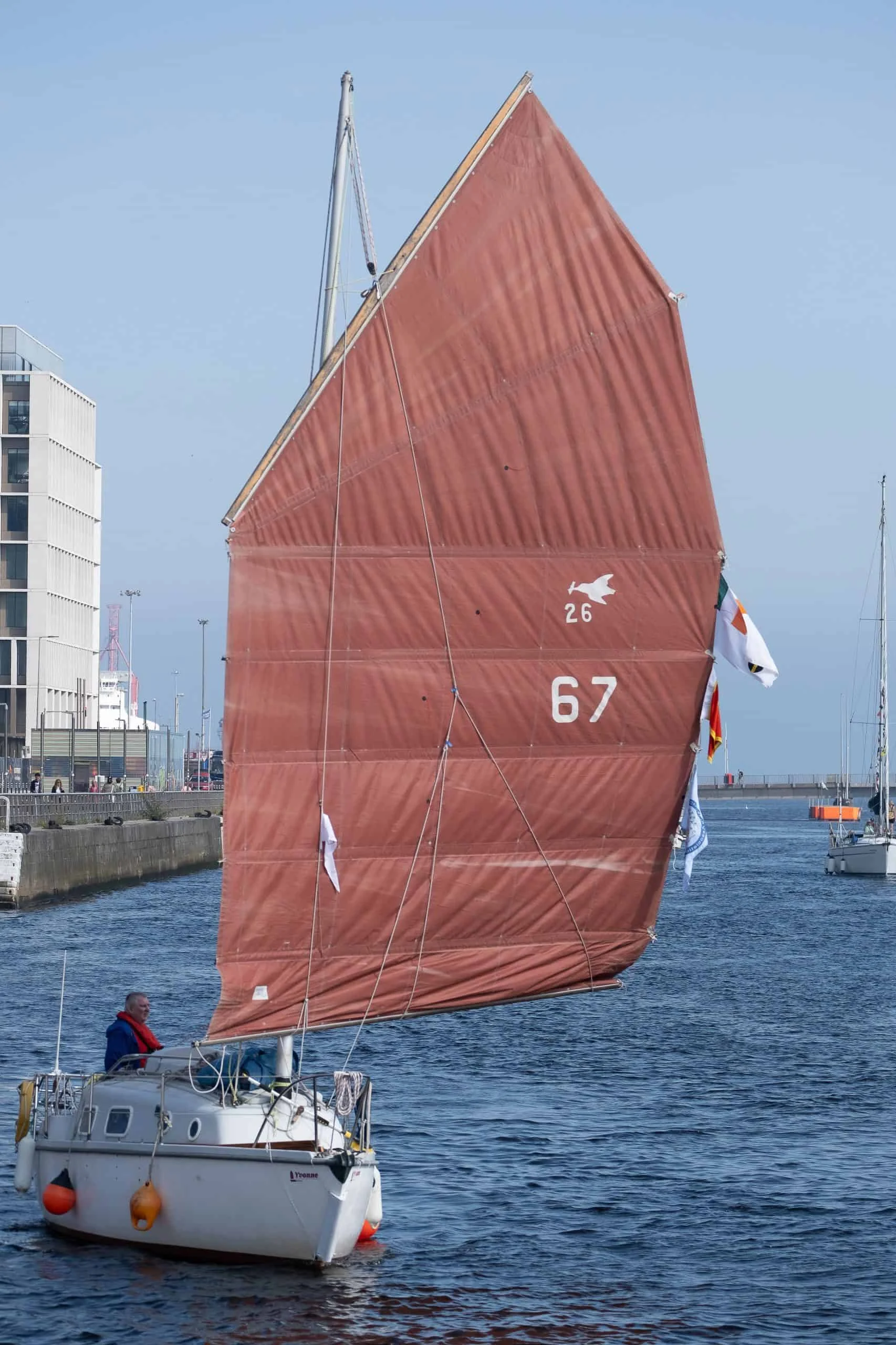 Junk-rigged yacht in the River Liffey in 2023
