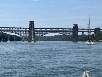 Britannia Bridge from the Menai Strait with yachts approaching